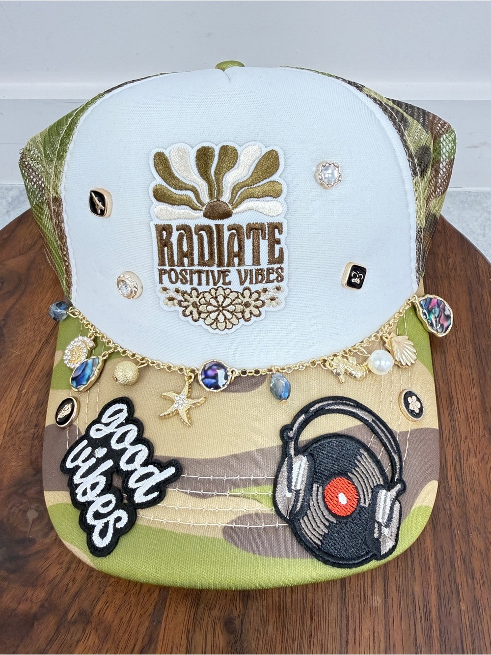 Radiate Positive Vibes Olive &‎ White Embellished Trucker Hat